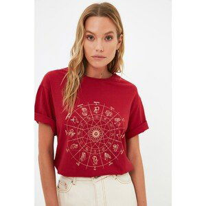 Trendyol Claret Red Printed Boyfriend Knitted T-Shirt