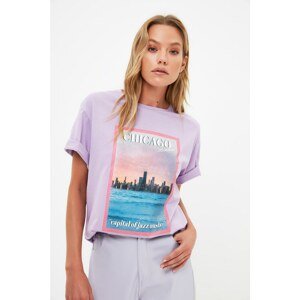 Trendyol Lilac Printed Boyfriend Knitted T-Shirt