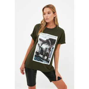 Trendyol Khaki Boyfriend Printed Knitted T-Shirt