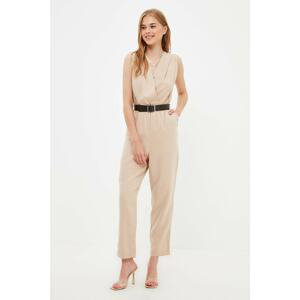 Trendyol Stone Belted Double Breasted Collar Jumpsuit