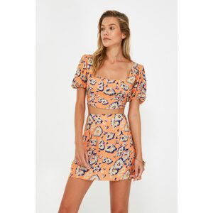 Trendyol Orange Floral Patterned Viscose Bottom-Top Set