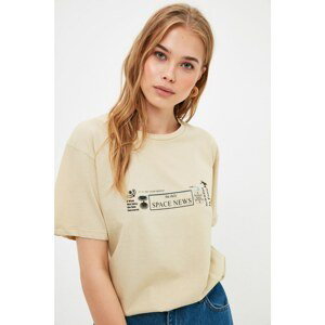 Trendyol Stone Front and Back Printed Boyfriend Knitted T-Shirt