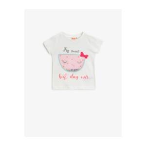 Koton Baby Girl Ecru Girl Ecru Crew Neck Short Sleeve Cotton Printed T-Shirt