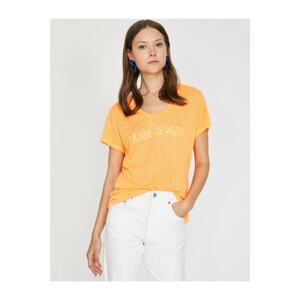 Koton Women's Orange V-Neck Short Sleeve T-Shirt