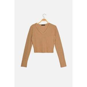 Trendyol Camel Corduroy Crop Knitted Blouse