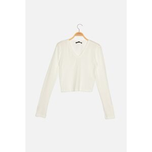 Trendyol White Corduroy Crop Knitted Blouse