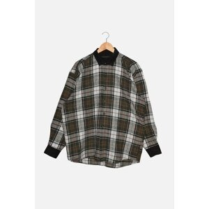 Trendyol Khaki Mens Oversize Velvet Shirt Collar Long Sleeve Lumberjack Plaid Shirt