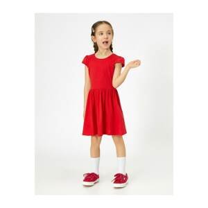Koton Girl's Red Crew Neck Waist Fitted Short Sleeve Medium Length Dress
