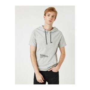 Koton Men's Gray Short Sleeve Hooded Letter Printed Kangaroo Pocket Sweatshirt