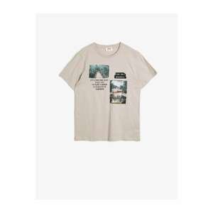 Koton Boy's Ecru Cotton Printed Short Sleeve Crew Neck T-shirt