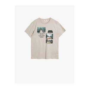 Koton Boy's Ecru Cotton Printed Short Sleeve Crew Neck T-shirt