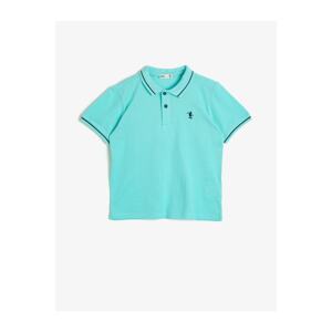 Koton Boy's Green Polo Neck Cotton Buttoned Stripe Detailed Embroidered Short Sleeve T-Shirt