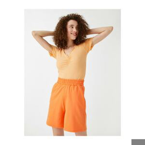 Koton Women's ORANGE Short Sleeve T-Shirt with Ruffle Detailed