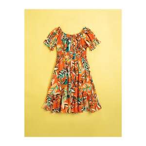Koton Girl's ORANGE PATTERNED Printed Dress With Short Sleeves