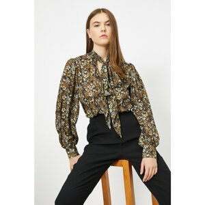 Koton Women's Black Floral Printed Lace-Up Collar Detailed Long Sleeve Blouse