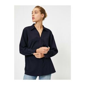 Koton Women's Navy Blue Shirt Collar Long Sleeve Blouse