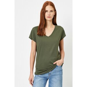 Koton Women's Green V-Neck Casual Fit Basic T-Shirt