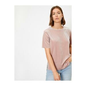 Koton Women's Pink Velvet Short Sleeve Crew Neck T-shirt