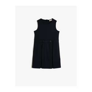 Koton Girl's Navy Blue Crew Neck Pleated Dress