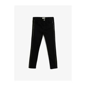 Koton Girl's Black Flexible Denim Fabric Zippered Pocket Side Tasseled Striped Jean Trousers