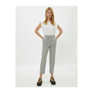 Koton Women's Gray High Waist Belt Detailed Plaid Trousers