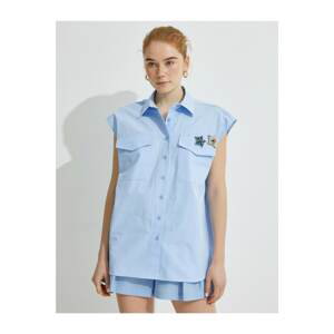 Koton Women's Blue Embroidered Short Sleeve Shirt
