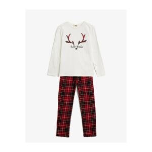Koton Girl's Red 100% Cotton Crew Neck Plaid Pajamas Set