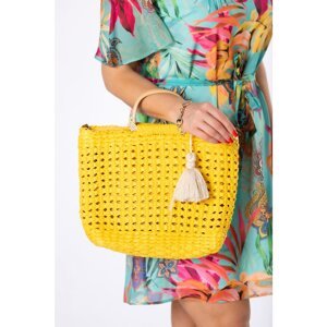 woven handbag with wooden handles