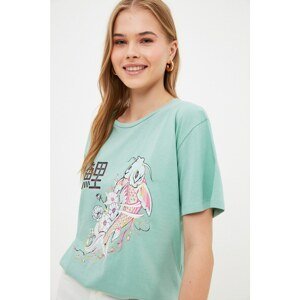 Trendyol Mint Boyfriend Printed Knitted T-Shirt