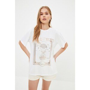 Trendyol Ecru Printed Boyfriend Knitted T-Shirt