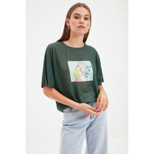 Trendyol Green Printed Boyfriend Knitted T-Shirt