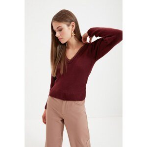 Trendyol Claret Red Pleated V Neck Knitwear Sweater