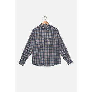 Trendyol Blue Men Regular Fit Shirt Collar Woodcut Plaid Double Pocketed Long Sleeve Shirt