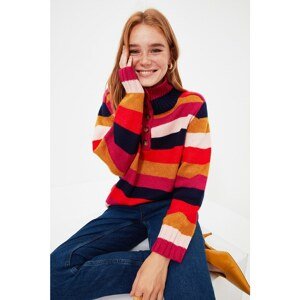 Trendyol Navy Striped Button Detailed Knitwear Sweater