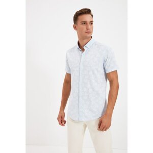 Trendyol Blue Men's Palm Printed Buttoned Collar Short Sleeve Slim Fit Shirt
