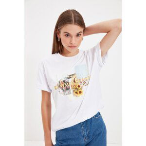 Trendyol White Printed Boyfriend Knitted T-Shirt