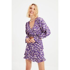 Trendyol Purple Floral Pattern Frill Detailed Bottom-Top Set