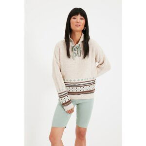 Trendyol Stone Jacquard Tie Detailed Knitwear Sweater