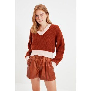 Trendyol Tile Color Block Crop V Neck Knitwear Sweater