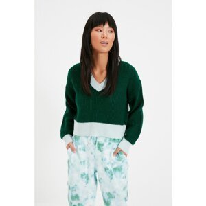 Trendyol Green Color Block Crop V Neck Knitwear Sweater