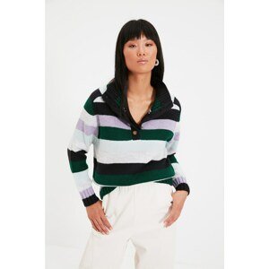 Trendyol Green Striped Button Detailed Knitwear Sweater