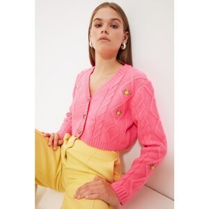Trendyol Pink Embroidery Detailed Crop Knitwear Cardigan