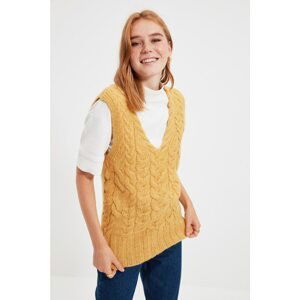 Trendyol Open Camel Knit Detailed V Neck Knitwear Sweater