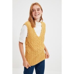 Trendyol Open Camel Knit Detailed V Neck Knitwear Sweater