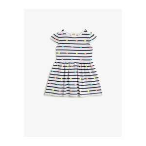 Koton Girl's White Striped Cotton Short Sleeve Printed Dress