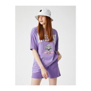 Koton Women's Lilac Patterned T-Shirt Crew Neck Cotton