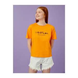 Koton Women's Orange Printed T-Shirt Short Sleeve Cotton Crew Neck