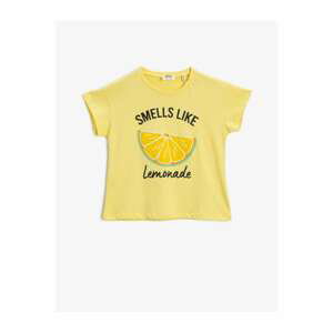 Koton Girl's Yellow Printed Short Sleeve Cotton Crew Neck T-shirt