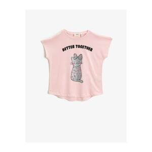 Koton Girl's Pink Women's Pink Crew Neck Short Sleeve Cotton Printed T-Shirt