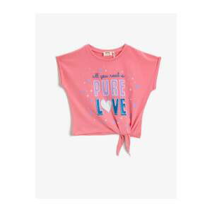 Koton Girl's Pink Crew Neck Short Sleeve Cotton Printed T-Shirt